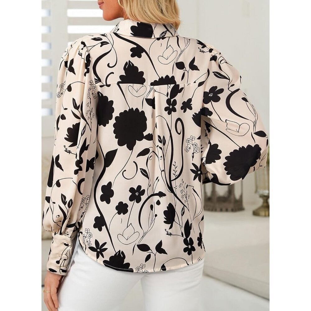 Women's Long Sleeve Button Down Blouse Polyester Floral Plus Size - Picture 6 of 6